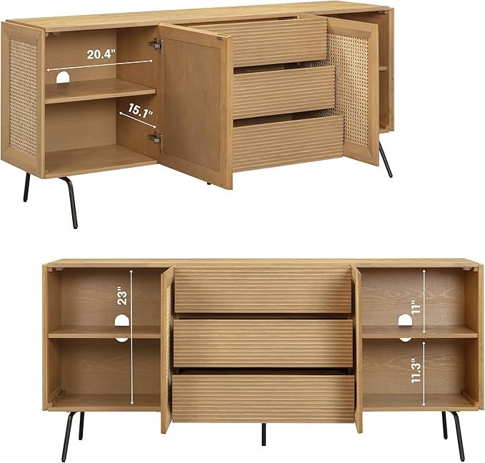 NTC MOSSIC Modern Sideboard with 4 Doors, Natural Rattan Storage Cabinet, Buffet with Metal Legs, Boho Accent Cabinet for Living Room, and Entryway, Effortless Assembly, Sand