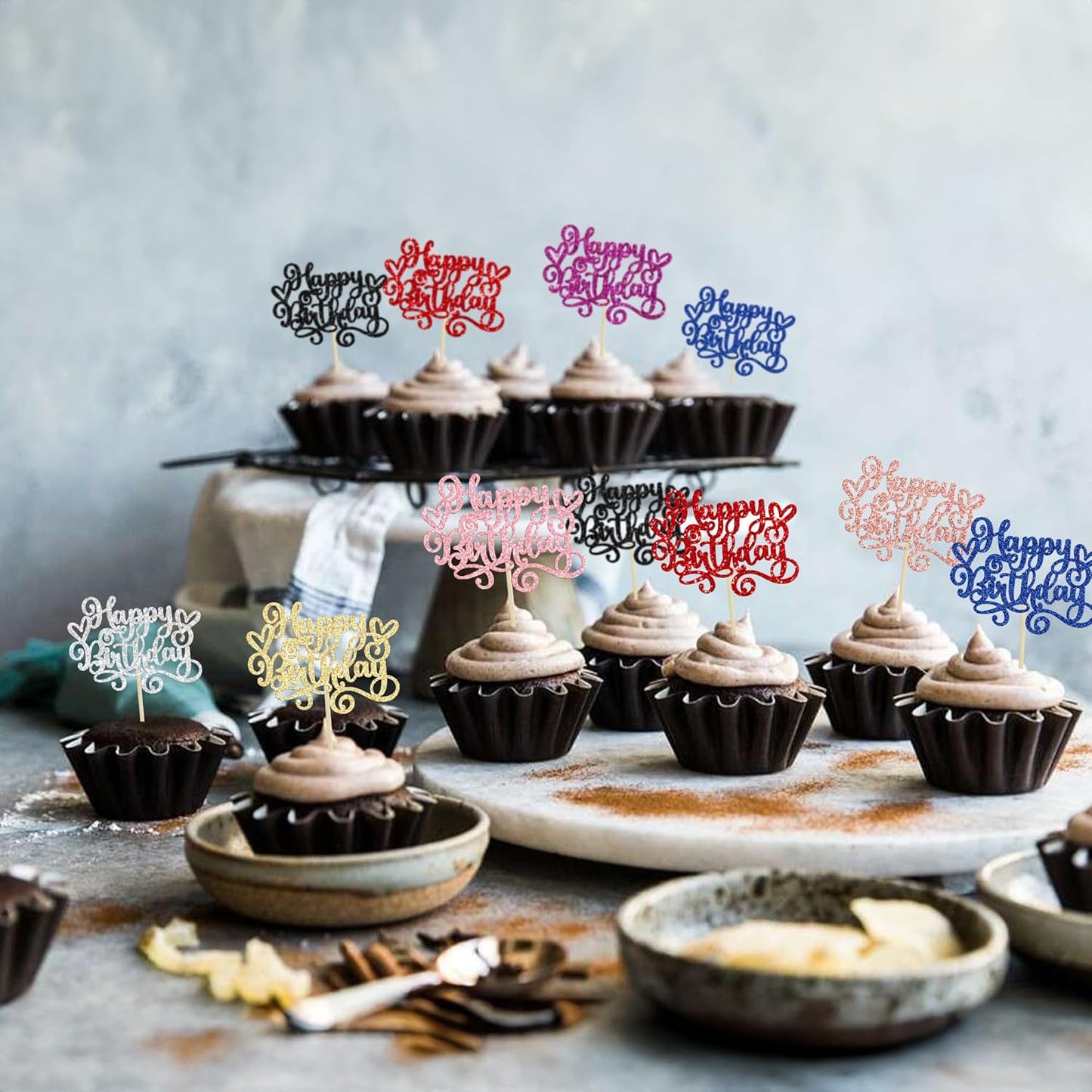 Gyufise 24Pcs Happy Birthday Cupcake Toppers Glitter Happy Birthday Cupcake Picks for Celebrating Happy Birthday Party Decor Anniversary Theme Party Cake Decorations Supplies Multicolor