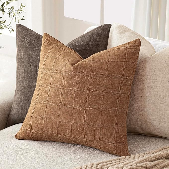 Foindtower Set of 2 Decorative Linen Check Throw Pillow Covers Neutral Farmhouse Vintage Cushion Covers Modern Boho Home Decor for Sofa Chair Couch Bedroom Living Room Outdoor,18×18 Inch,Brick