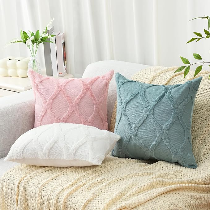 decorUhome Throw Pillow Covers 22x22 Inch Set of 2, Soft Plush Faux Fur Wool Aqua Couch Pillow Covers, Decorative Neutral Pillow Cases for Bed Sofa Living Room Home Decor