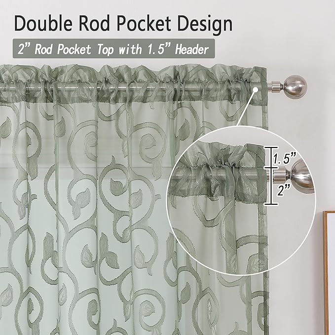 OWENIE Furman Sage Green Sheer Curtains 96 inches Extra Long - Image 4