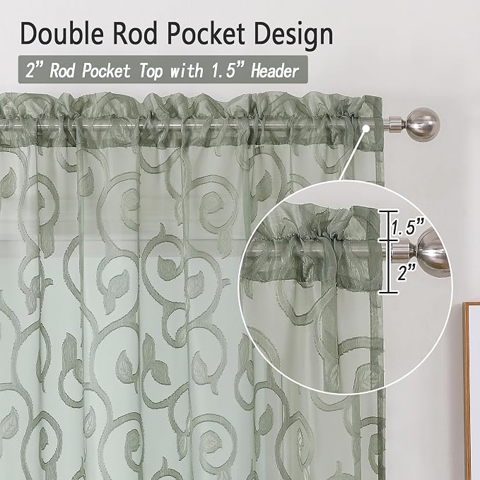 OWENIE Furman Sage Green Sheer Curtains 45 Inch Length 2 Panels Set - Image 4