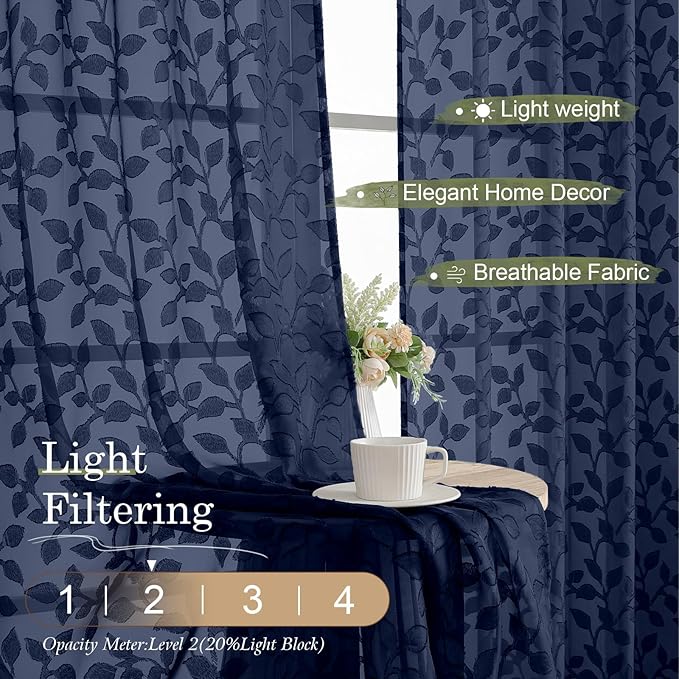 Chyhomenyc Navy Blue Sheer Curtains 96 Inch Length 2 Panels Set, Light - Image 2