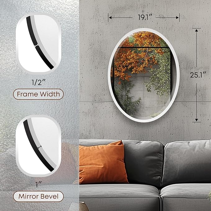 OVALCREST - Oval Wooden Beveled Wall Mirror for Home Decor, Bathroom, Vanity, Bedroom, Living Room, Hallway - London Style (Linen White) 19.1 x 25.1