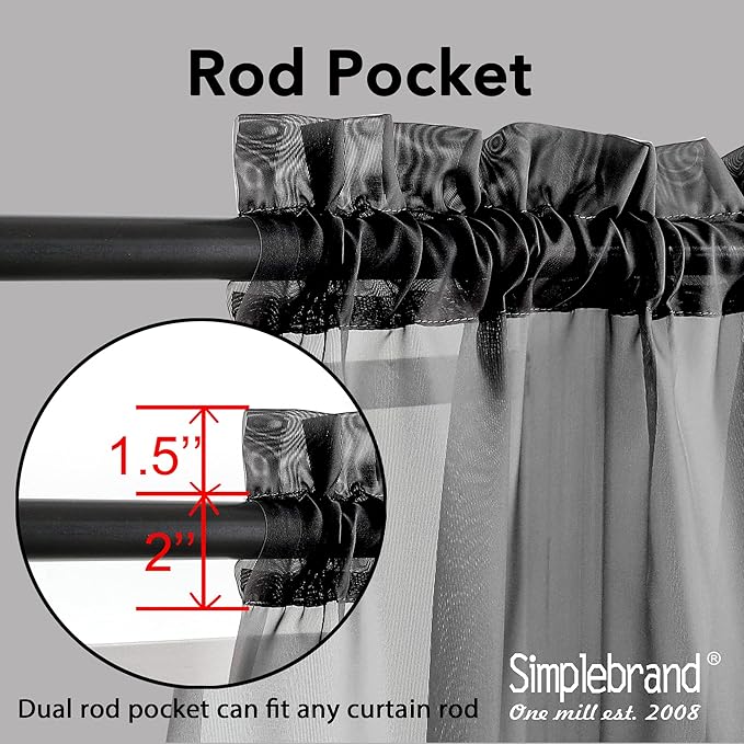 Simplebrand Black Sheer Curtains 108 Inches Long, Extra Long Rod Pocket Solid - Image 4