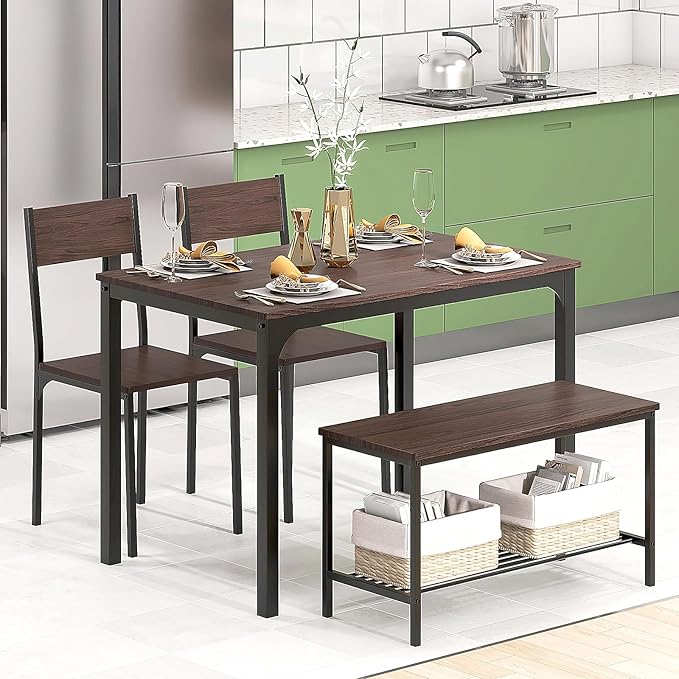 sogesfurniture Table Chairs Set of 4, Dining Table Set for 4 with Bench and Chairs, 4 Pieces Kitchen Table Set with Storage Rack & Metal Frame for Small Space,Elegant Brown