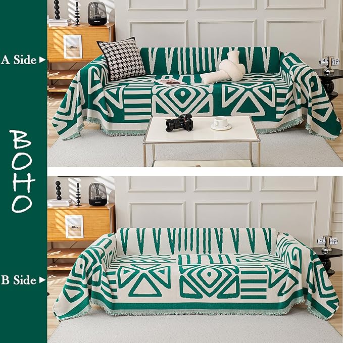 HANDONTIME Couch Cover Boho Sofa Covers Washable Forest Green Dog Covers for Couches Reversible Couch Blanket Cover Geometric Armchair Covers Dark Green, 59" X71"