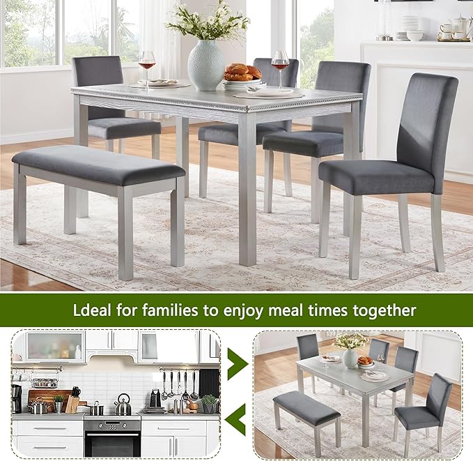 KEIKI 6-Piece Standard Height Dining Table Set with Rectangular Table, 4 Upholstered Chair, Bench, for 6 Person, Crystal Decoration Table Set, Easy Assembly, for Kitchen, Dining Room, Silver Grey