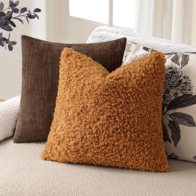 Foindtower 2 Pieces 26x26 Inch Orange, Faux Fur Throw Pillow Cover Accent Sherpa Furry Pillow Covers Fuzzy Soft Pillowcases Cozy Sheepskin Decorative Fleece Cushion Case for Bed Couch Living Room