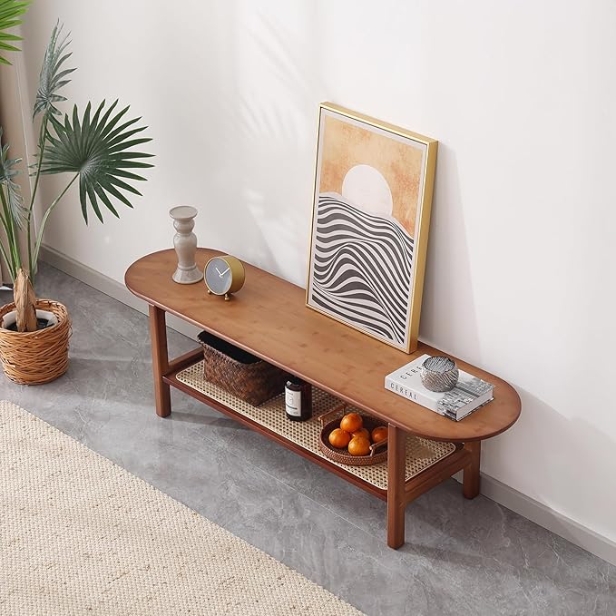 Tiita Bamboo TV Stand with Storage for TV up to 65 inch, Bamboo Rattan TV Console Entertainment Center with 2 Open Shelf, Mid Century Modern Media Console for Living Room, Bedroom, Walnut