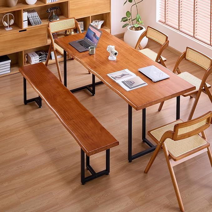 Durable Solid Wood Top Bench with Metal Triangular Legs – Stylish Long Dining Bench for Home, Office, Restaurant & Patio Chair (Wooden Brown Bench, 62.99in)