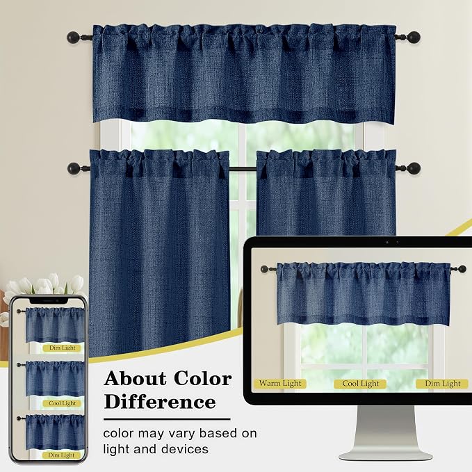 Navy Blue Valances for Windows, Light Filtering Faux Linen Textured Small Short - Image 8