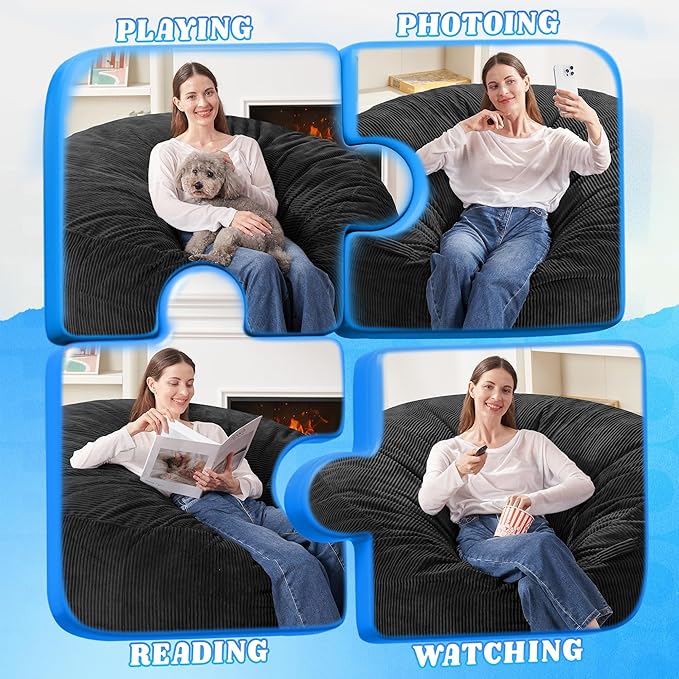 HABUTWAY 4FT Bean Bag Chair,Giant Bean Bag Chairs for Adults,Big Bean Bags with Memory Foam Filled, Large Beanbag Chairs with Soft Corduroy Cover-Black
