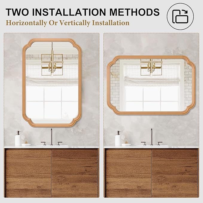 Wood Bathroom Mirror for Wall Mounted, 24" x 36" Rustic Bathroom Mirror for Over Sink with Wood Frame Farmhouse Rounded Corner Rectangle Mirror Decorative(Natural Color)