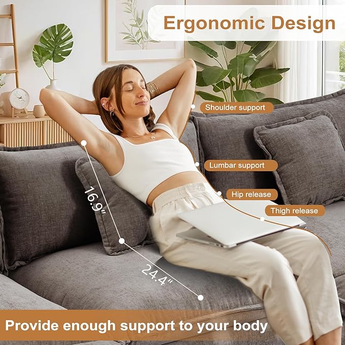 Furniliving 112‘’ L-Shaped Sofa, Luxury Chenille Modular Sectional Couches with Ottoman, Upholstered Deep Seat Sleeper Sofa with Memory Foam and Waist Pillows, Grey