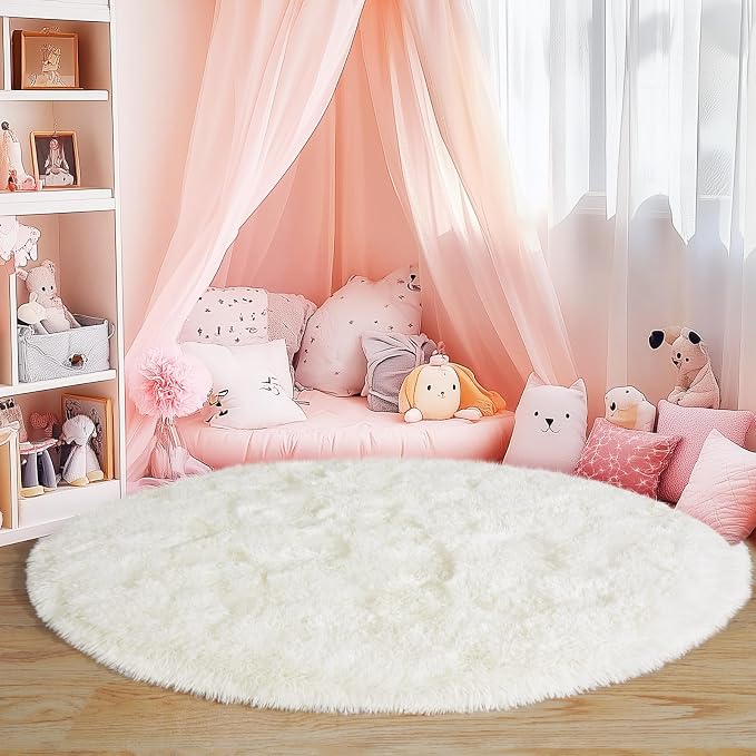 5'x5' Cream Round Rugs for Girls Bedroom, Ultra Soft Fluffy Circle Rug for Kids - Image 2