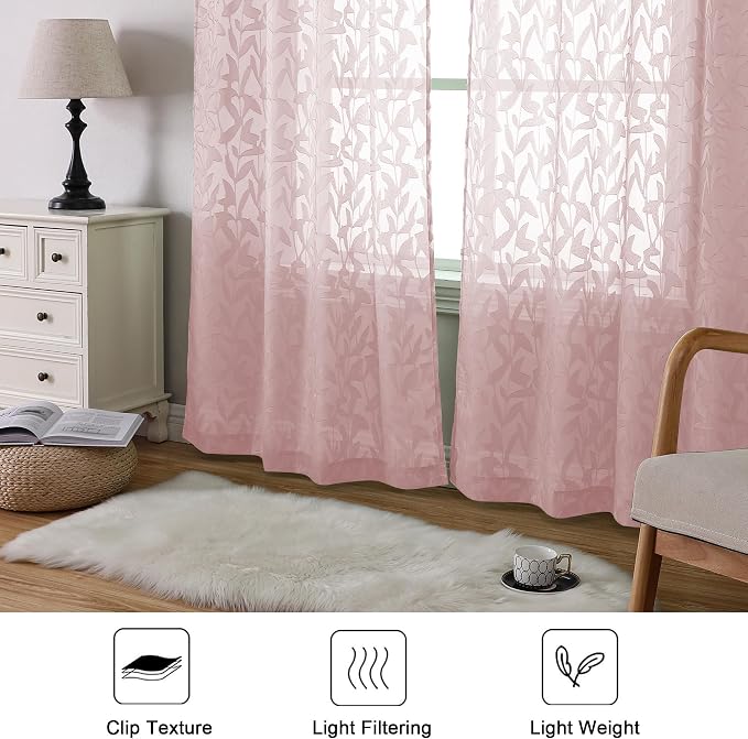 Lecloud Leia Blush Pink Sheer Curtains 96 Inches Long 2 Panels, Airy Leaf - Image 7