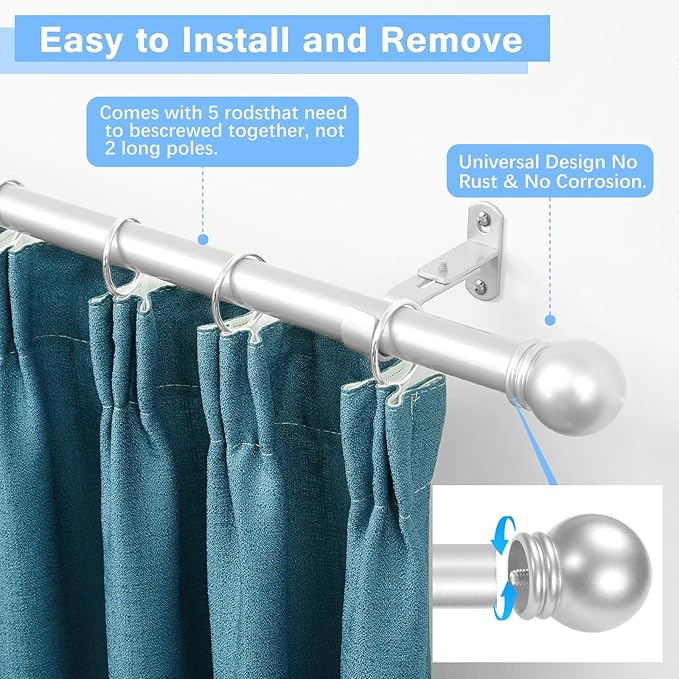 Curtain Rods for Windows 16 to 76 Inches, Curtain Rod Max Adjustable Length of 88 IN, 6/8" Diameter Drapery Rods Round Finials, Satin Silver, Pack of 2