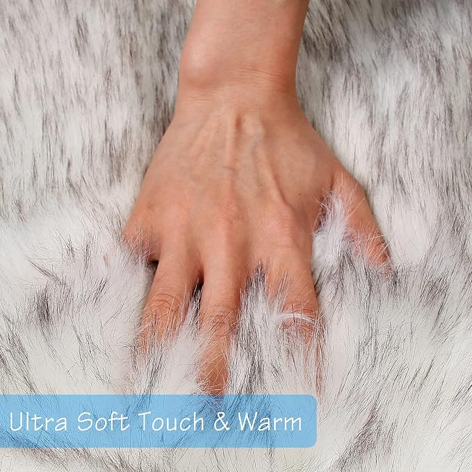 duduta White Black Faux Sheepskin Fur Rug 3x5 ft, Fluffy Shag Bedroom Dorm - Image 2