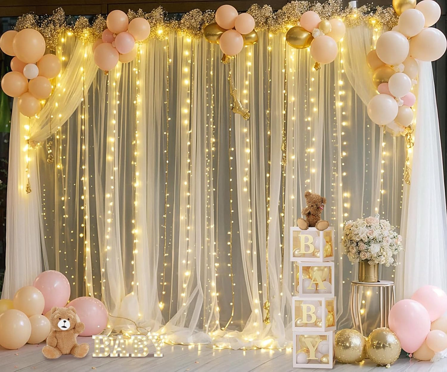 Champagne Sheer Backdrop Curtain with Lights String for Parites Wedding 20×10ft Tulle Backdrop Curtains for Bridal Shower Baby Shower Birthday Party Photo Shoot Decorations(4 Panels 5ft×10ft)