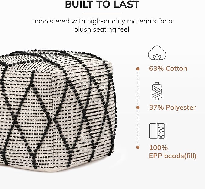 Anji Mountain 100% Handmade & Handcrafted Comfortable Home Décor Pouf Ottoman Footrest for Living Room, Bedroom, Nursery, Kidsroom, Patio Furniture - (19" x 19" x 17"- Black,White)