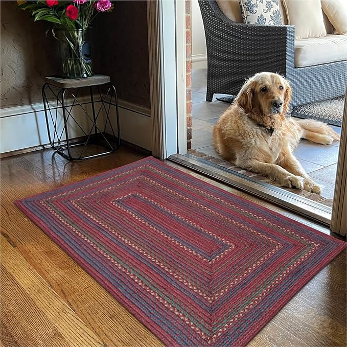 Jamestown Burgundy Small Braided Rug, Jute, 27"x45" Rectangle - Rustic Primitive Decor for Entryway, Bathroom, Everywhere