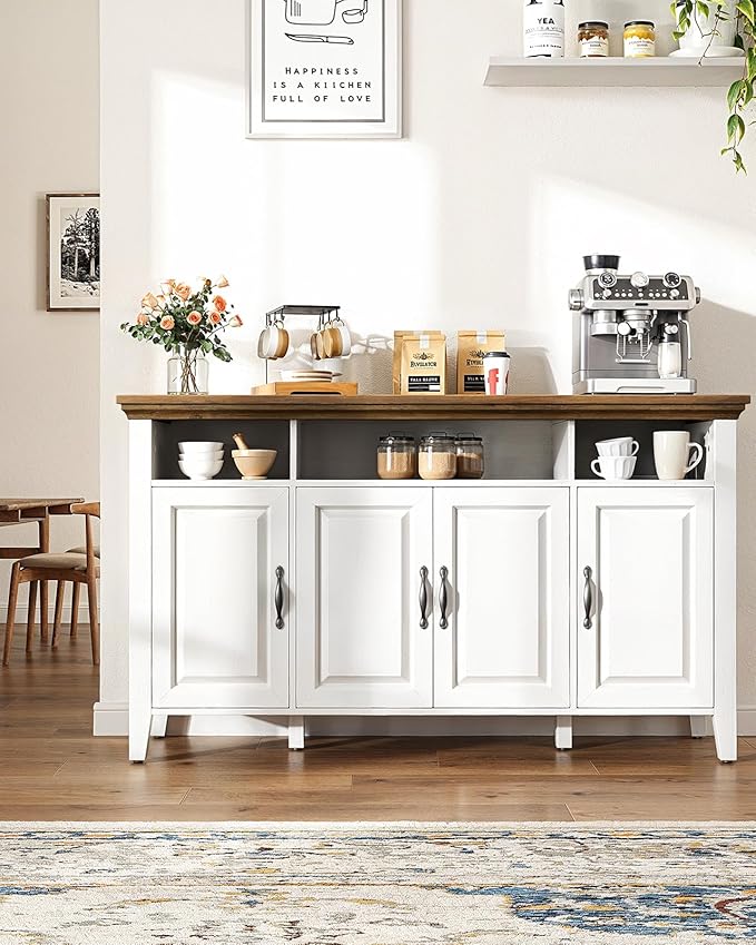 Marsail Sideboard Buffet Cabinet with Storage, 55" Farmhouse Kitchen Buffet Bar Table 4 Door Storage Cabinets for Dining Room Furniture, Brown & White
