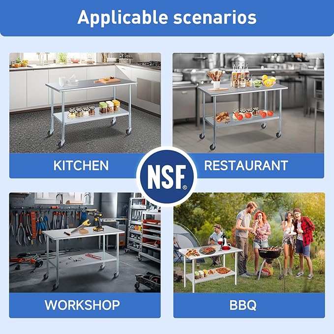 ROCKPOINT Stainless Steel Table for Prep & Work 14x30 Inches, NSF Metal Commercial Kitchen Heavy Duty Table with Adjustable Under Shelf and Table Foot for Restaurant, Home and Hotel