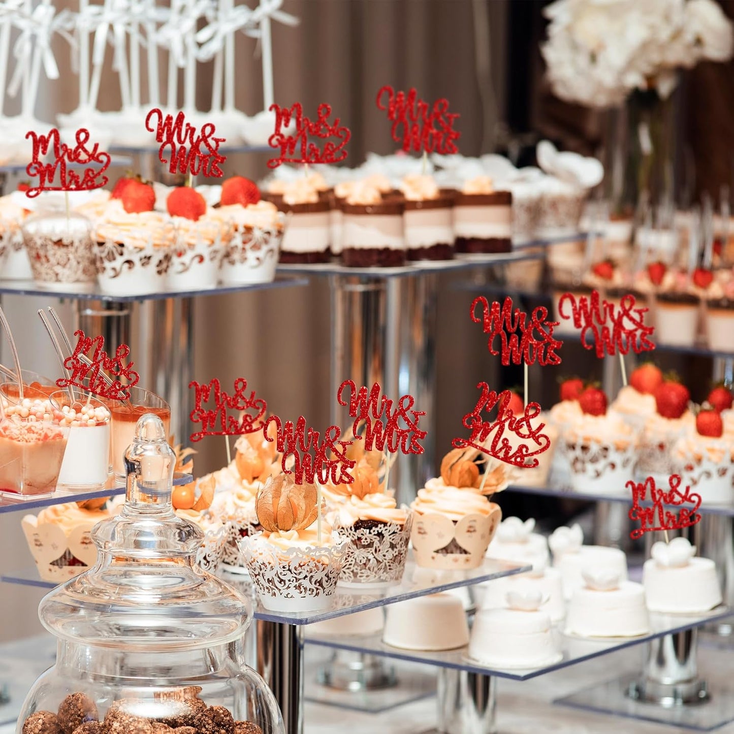 Gyufise 36Pcs Mr & Mrs Cupcake Toppers Glitter Bridal Shower Cupcake Picks for Wedding Engagement Birthday Anniversary Party Cake Decorations Supplies Red