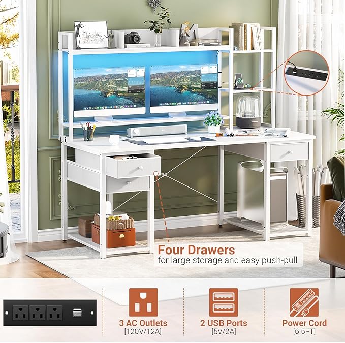 Aheaplus LED Gaming Desk with Hutch, 55.2" Workstation - White