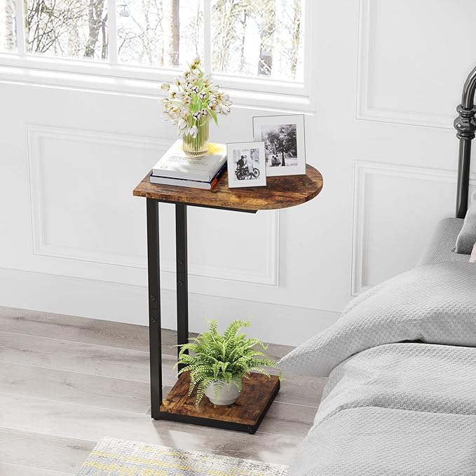Hosfais Side Table Small End Table, C-Shaped Wood Sofa Table with Metal Frame for Living Room, Bedroom, Small Spaces (Rustic Brown)
