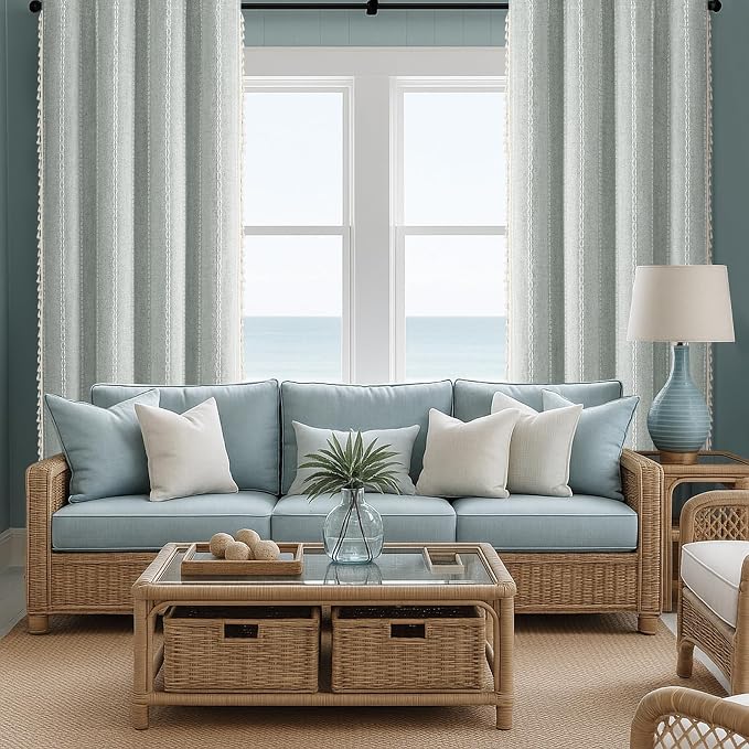Teal Boho Blackout Curtains 90 Inches Long Light Green Linen Blend 2 Panels - Image 7