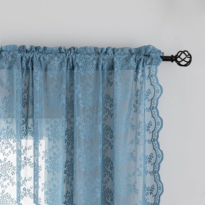 YJ YANJUN Vintage Lace Curtains 72 Inches Long 2 Panels Antique Boho Slate Blue - Image 4