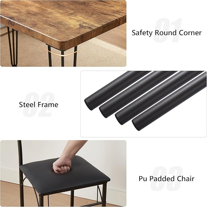 VECELO 3-Piece Dining Room Kitchen Table and Pu Cushion Chair Sets for Small Space