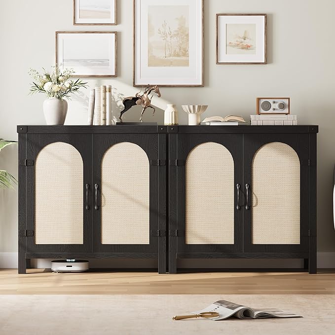 Garvee 31.5'' Small Rattan Buffet Cabinet with Storage, Kitchen Coffee Bar Cabinet with Doors, Boho Farmhouse Sideboard with Adjustable Shelves and Handle for Kitchen, Living Room, Black