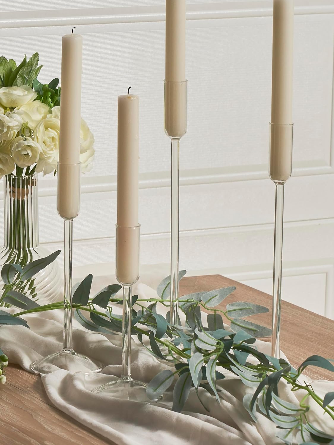 Candle Holder, Glass Taper Candle Tall Candlestick Holder, 4 Different Heights, for Table Centerpiece, Wedding, Party, Clear, 8pcs