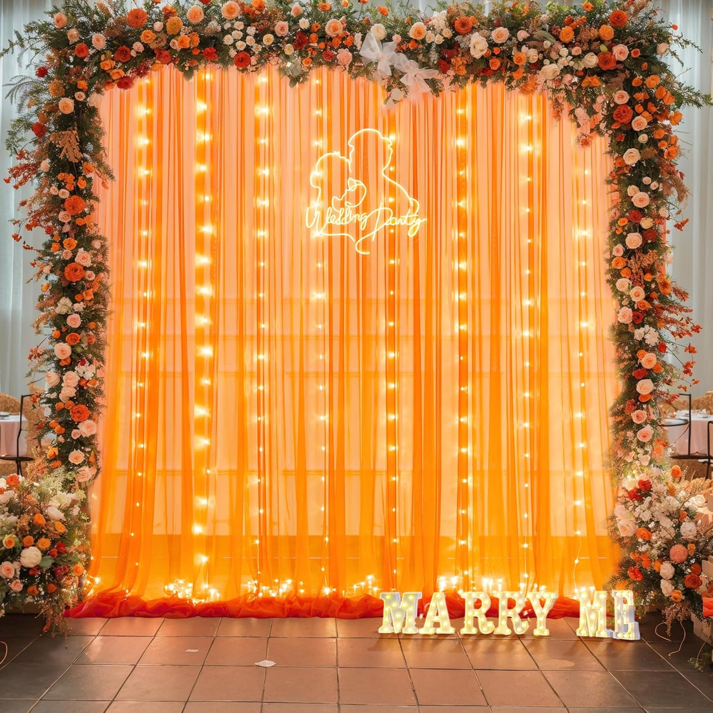 Orange Tulle Backdrop Curtain with Lights String for Parites 10x8ft Sheer Backdrop Curtains Drapes for Birthday Party Baby Shower Wedding Ceremony Prom Halloween Photo Booth Background Decorations