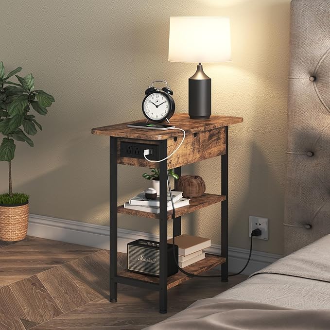 LIDYUK Set of 2 Brown End Tables with Charging Station, Narrow Side Tables for Small Spaces, Nightstands, Living Room, Brown