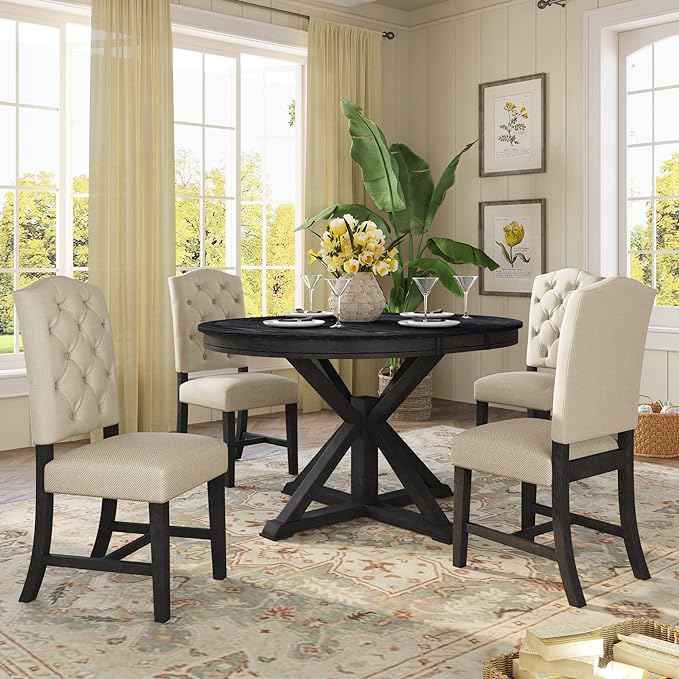 Merax 5-Piece Retro Style Dining Room Set with Extendable Table and 4 Upholstered Chairs, Family Kitchen Functional Furniture, Espresso