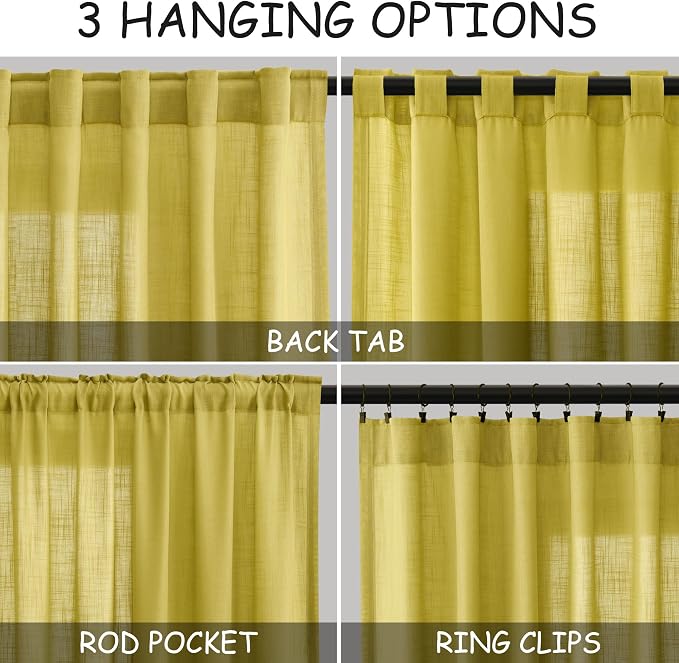Nanspring Celery Yellow Linen Curtains 90 Inches Long 2 Panel Set Back Tab Rod - Image 2