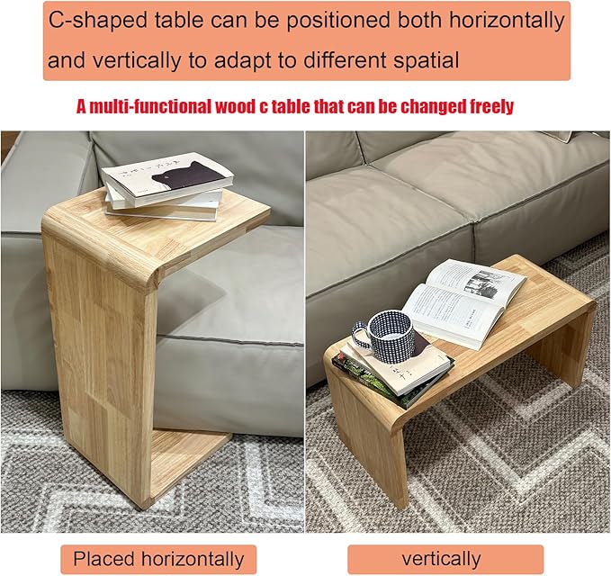 C Shaped End Table, Solid Wood C Side Table for Couch Sofa and Bed, Sofa Tables That Slide Under for Space Saving, Small Snack C Tables for Living Room Bedroom (H 24.4″ - Wood, 1)