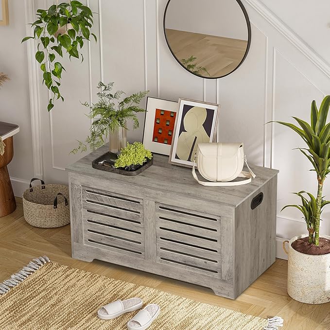 DINZI LVJ Storage Chest, Flip-Top Wooden Toy Box with 2 Safety Hinges, Retro Entryway Shoe Bench, Sturdy Large Storage Trunk for Living Room, Bedroom, Toddler Room, Easy Assembly, Grey Wash