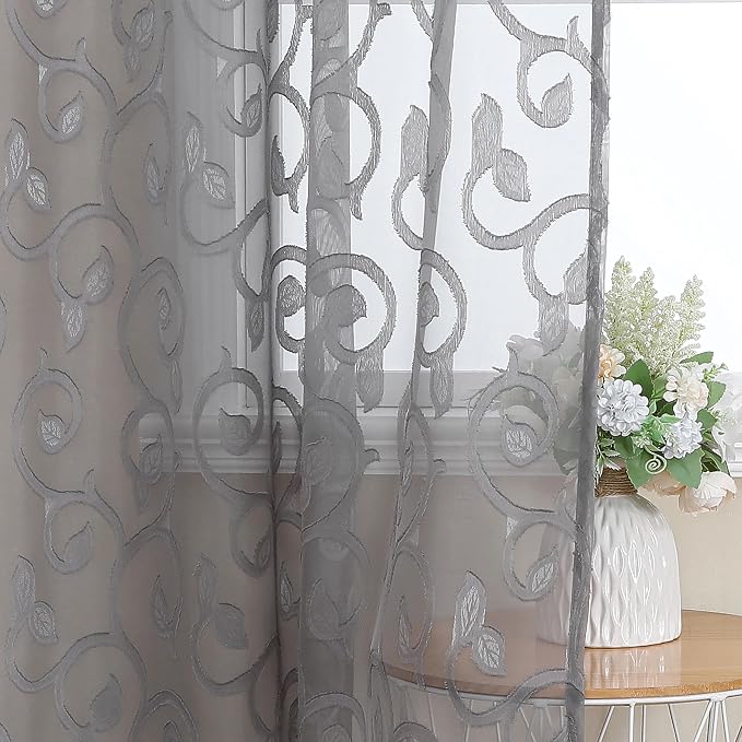 OWENIE Furman Grey Sheer Curtains 54 Inch Length 2 Panels Set - Image 7