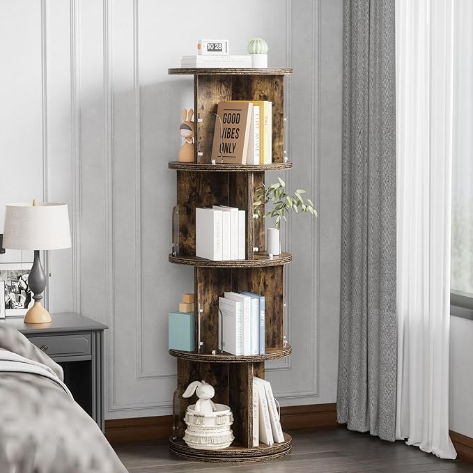 VECELO 4 Tier Revolving Bookshelf Tower, 360° Display Floor Standing Storage Rack with Acrylic Visible Window Partition for Bedroom, Living Room Home and Office, Brown