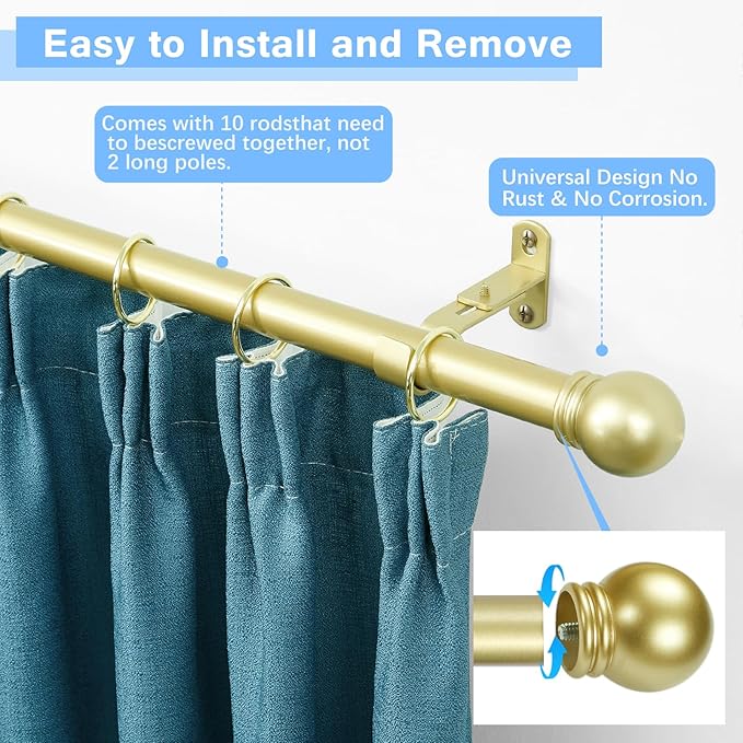 Curtain Rods for Windows 16 to 150 Inches, Curtain Rod Max Adjustable Length of 160 IN, 6/8" Diameter Drapery Rods Round Finials, Warm Gold, Pack of 2