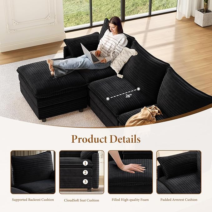 Vesgantti Large Modular Sectional Sofa, Big Comfy Cloud Couch with Ottoman Deep Seat Corduroy Cloud Sofa, 8 Seater Large Sectional Couches for Living Room, Bedroom and Apartment, Black