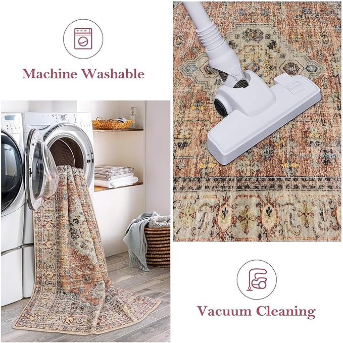 Lahome Oriental Washable Rug, 3x5 Rugs for Bedroom Living Room Entryway, Vintage Ultra-Thin Non-Slip Soft Throw Carpet for Kitchen Office Entrance, Peach/Orange