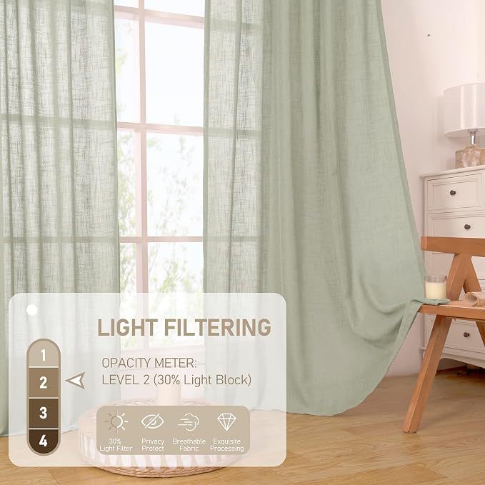 LAMIT Linen Curtains 63 Inch Length 2 Panels, Light Filtering Panels Back Tab - Image 4