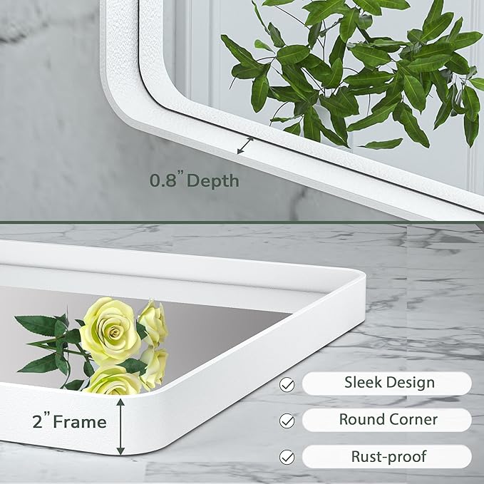 TokeShimi 48 x 24 Inch Bathroom Mirror White Vanity Wall Mirror with Metal Frame Aluminum Alloy Rounded Corner for Modern Farmhouse Wall Decor 1”Deep Set Design (Horizontal/Vertical)