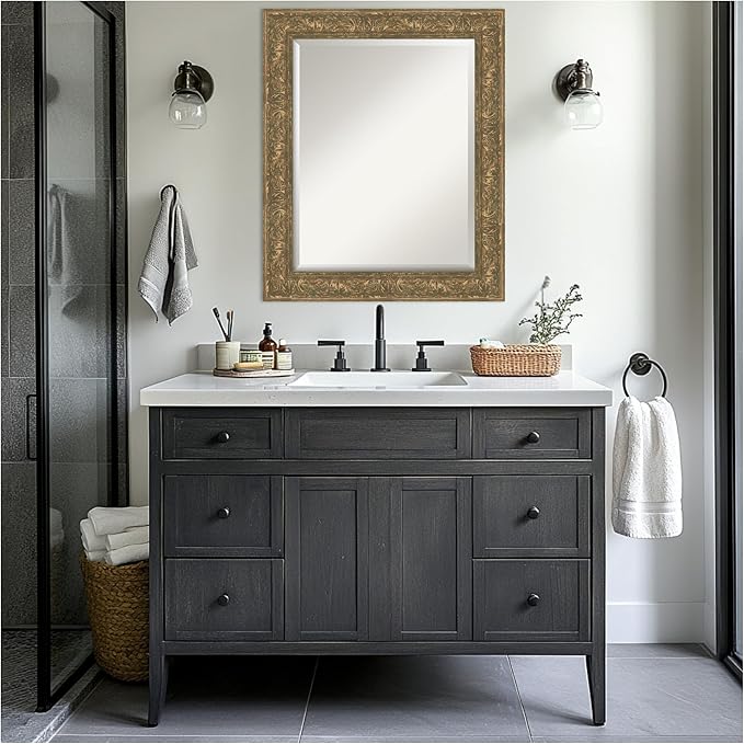 Amanti Art Bronze Bathroom Mirror for Over Sink, 29x35 Luxe Bronze Gold Rectangle Vanity Mirror, Large Traditional Frame, Hangs Horizonally and Vertically, Bathroom Wall Decor, Beveled Edge